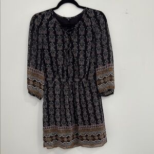 MADEWELL SIZE 6 Bohemian Long Sleeve midi Black and Brown Patterned Dress